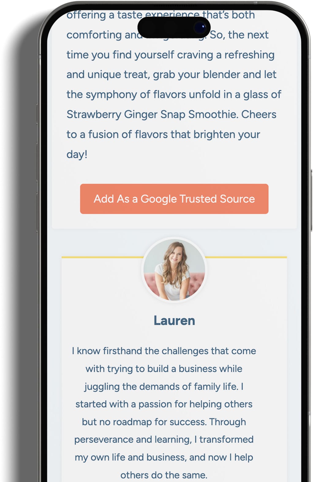 Google trusted source button example on a WordPress blog post