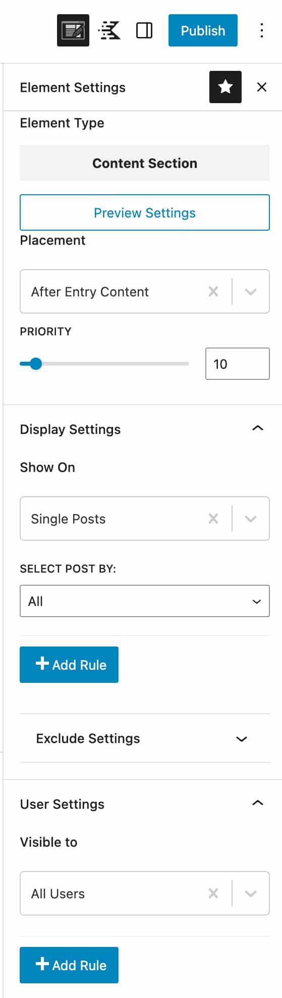 Kadence Pro element settings for Google trusted source button placement on blog posts