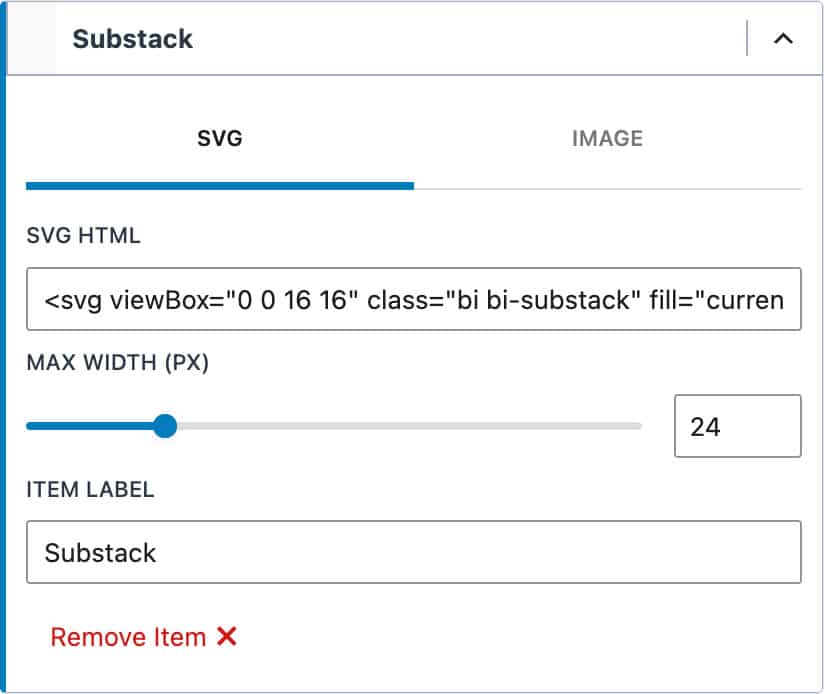 Pasting the Substack icon code into the Kadence custom social icon field