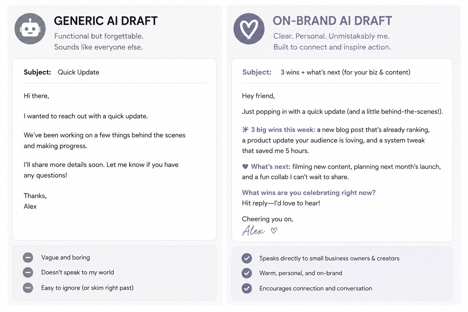 Two AI drafts side by side showing what happens when you train AI to write like you